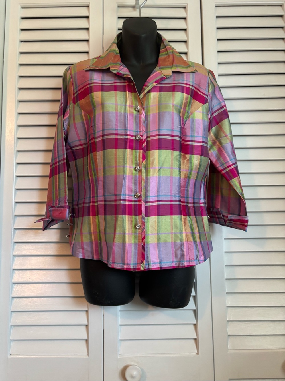 VTG The Denim Tailor Multicolor Plaid Silk Woven Collared 3/4 Sleeve Button-Up 8